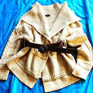 FRINGED WESTERN WRAPAROUND BEIGE SWEATER, L., ACRYLIC BLEND.